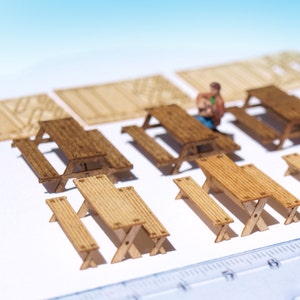 4x Miniature Picnic table and bench kit, Laser-cut OO HO scale 1/87 to 1/72 for diorama dollhouse wargame scenery