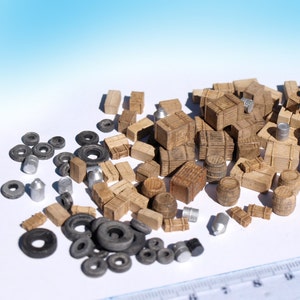 120+ Miniature boxes barrels tyre junk props, painted. HO TT N scale railway wargame diorama scenery model