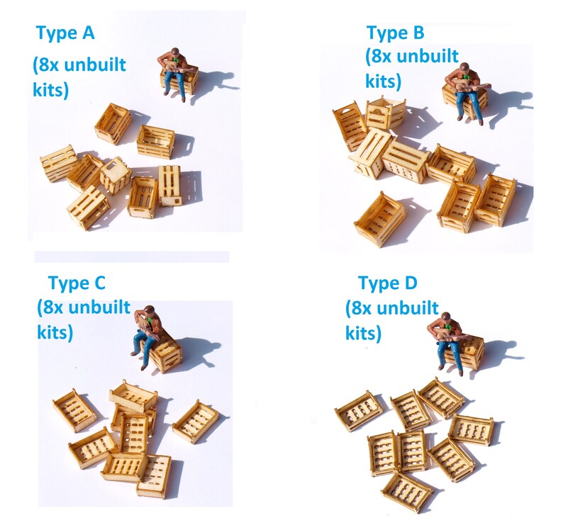May include: Eight wooden crate kits, each with a different design, are arranged in four groups of two. Each group is labeled with a letter and the text "(8x unbuilt kits)".