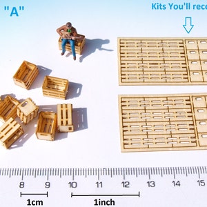 8 Miniature wooden crates boxes, DIY HO OO scale for dollhouse diorama model train storage scenery