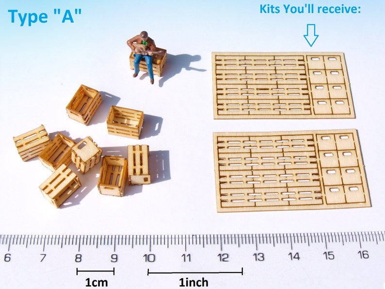 May include: Type "A" wooden crate kit with eight small crates and two larger crates. The kit includes instructions for building the crates. The crates are approximately 1 inch in size.