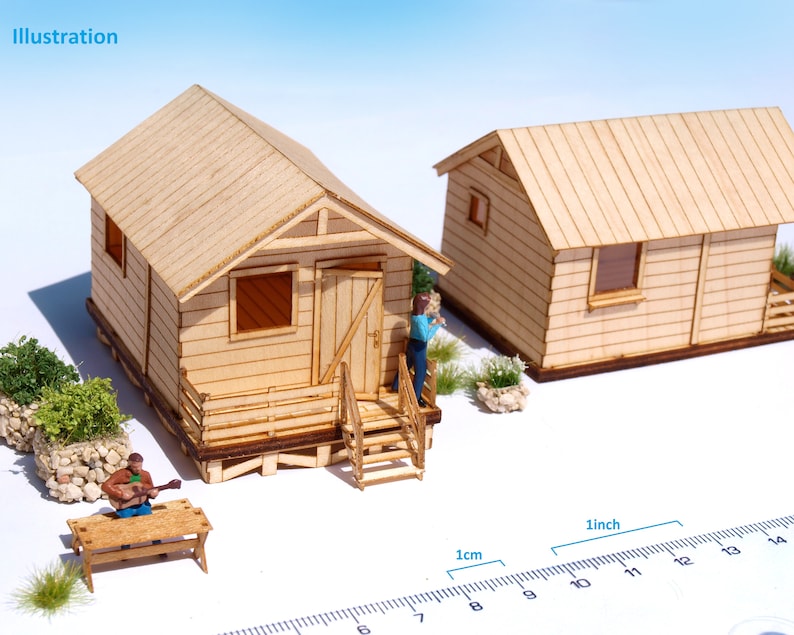 2 Stück Miniatur-Holzhütten-Modellbausatz, HO 1:87 Haus für Eisenbahn-Puppenhaus-Wargame-Diorama Bild 4