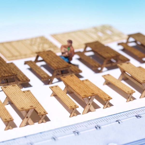 4x Miniature Picnic table and bench kit, Laser-cut OO HO scale 1/87 to 1/72 for diorama dollhouse wargame scenery