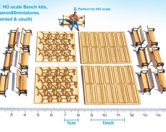 May include: Twenty wooden model bench kits for HO scale model railroading. The kits are unpainted and unassembled. The image shows a ruler with measurements in centimeters and inches.