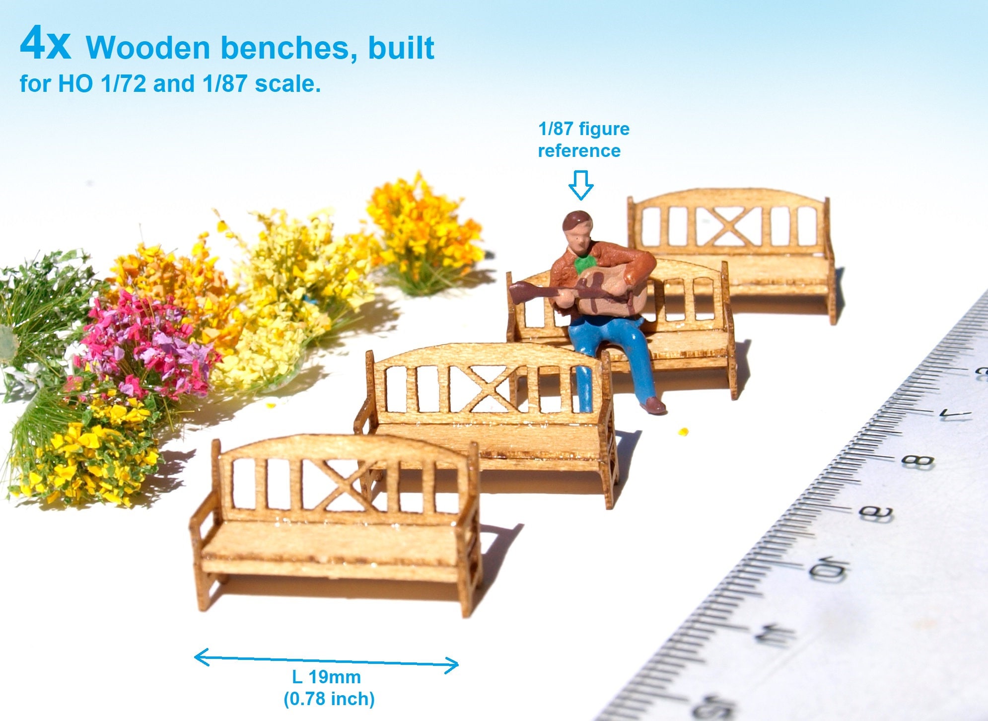 4x Built Miniature Wooden Benches: HO Scale Model Railway Diorama