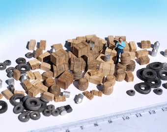 120+ Miniature boxes barrels tyre junk props, painted. HO TT N scale railway wargame diorama scenery model