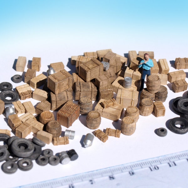 120+ Miniature boxes barrels tyre junk props, painted. HO TT N scale railway wargame diorama scenery model