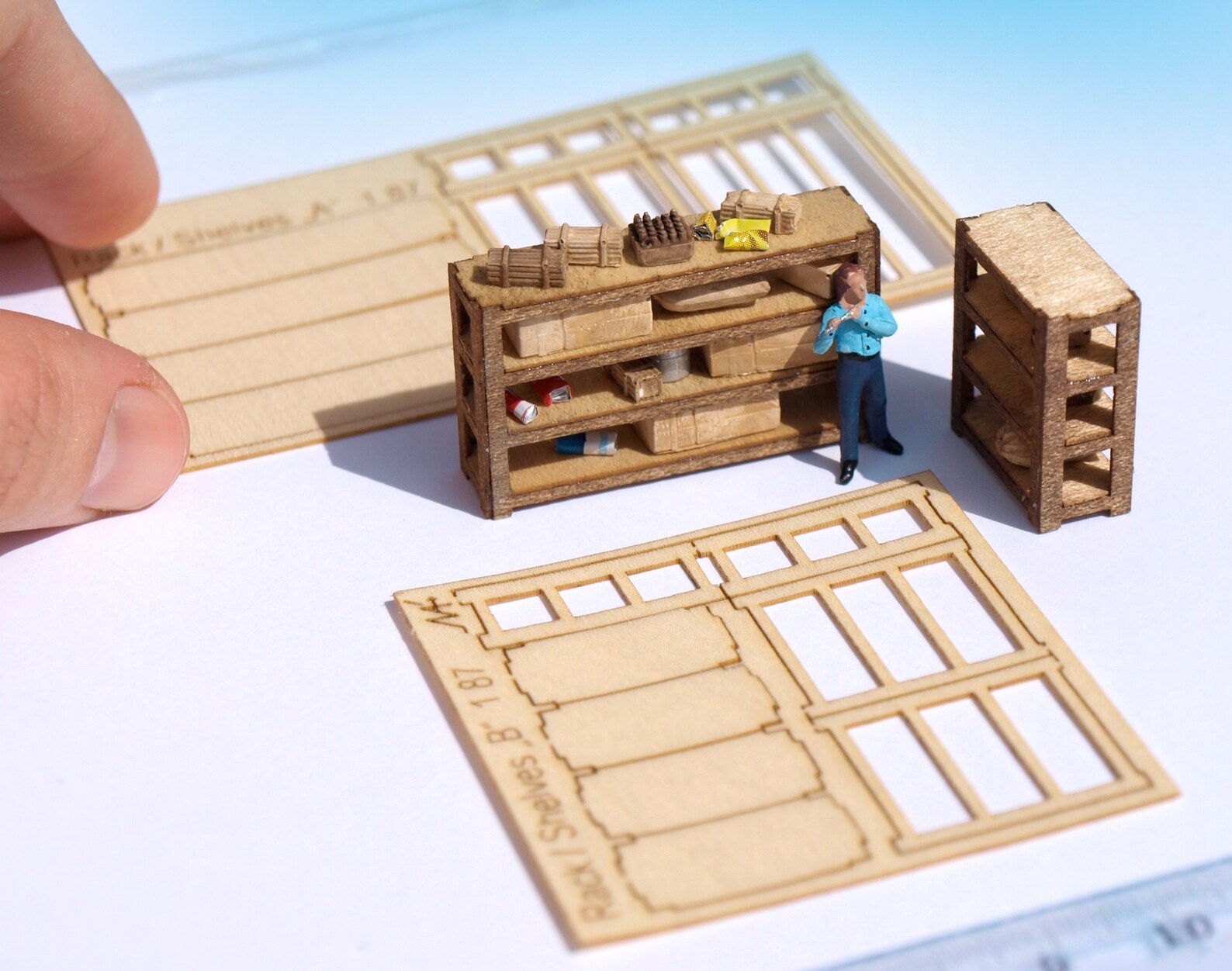 MTS LLC HO Scale WORKSHELVING – Super Detailed, Pre-Built, Painted – 1:87 Scale Interior Shelving