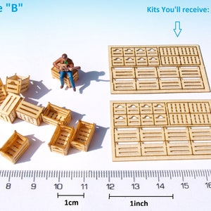 May include: Type "B" wooden crate kits for model building. The kit includes two sheets of laser-cut wood with multiple crate designs. The image shows a miniature person sitting on a crate, along with assembled crates.