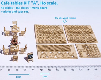 HO scale Miniature French Cafe Bistro tables and chairs kit 1:87 model railway diorama dollhouse restaurant laser cut scenery