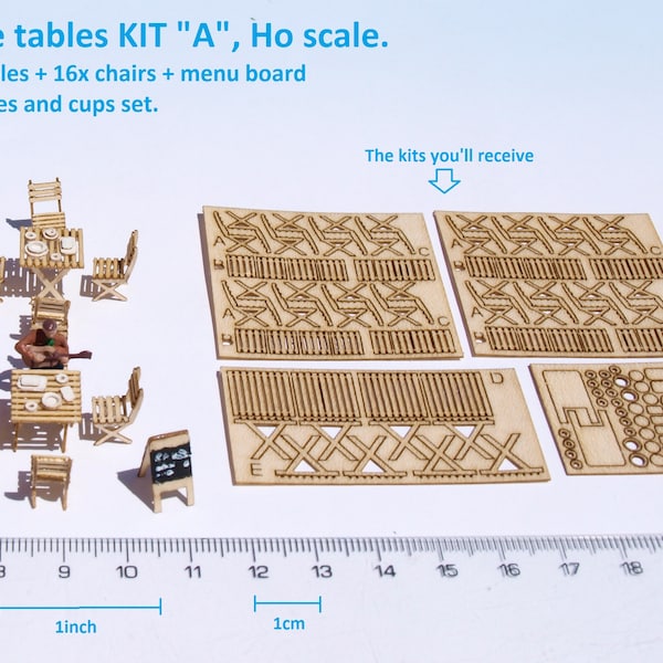 Ensemble miniature de tables et de chaises de bistrot français à l'échelle HO, diorama ferroviaire miniature, maison de poupée, restaurant, décor découpé au laser