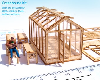 May include: A wooden model kit of a greenhouse with pre-cut window glass, 4 tables, tools, and instructions. The kit is 1 inch wide.