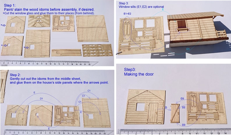 2 Stück Miniatur-Holzhütten-Modellbausatz, HO 1:87 Haus für Eisenbahn-Puppenhaus-Wargame-Diorama Bild 6