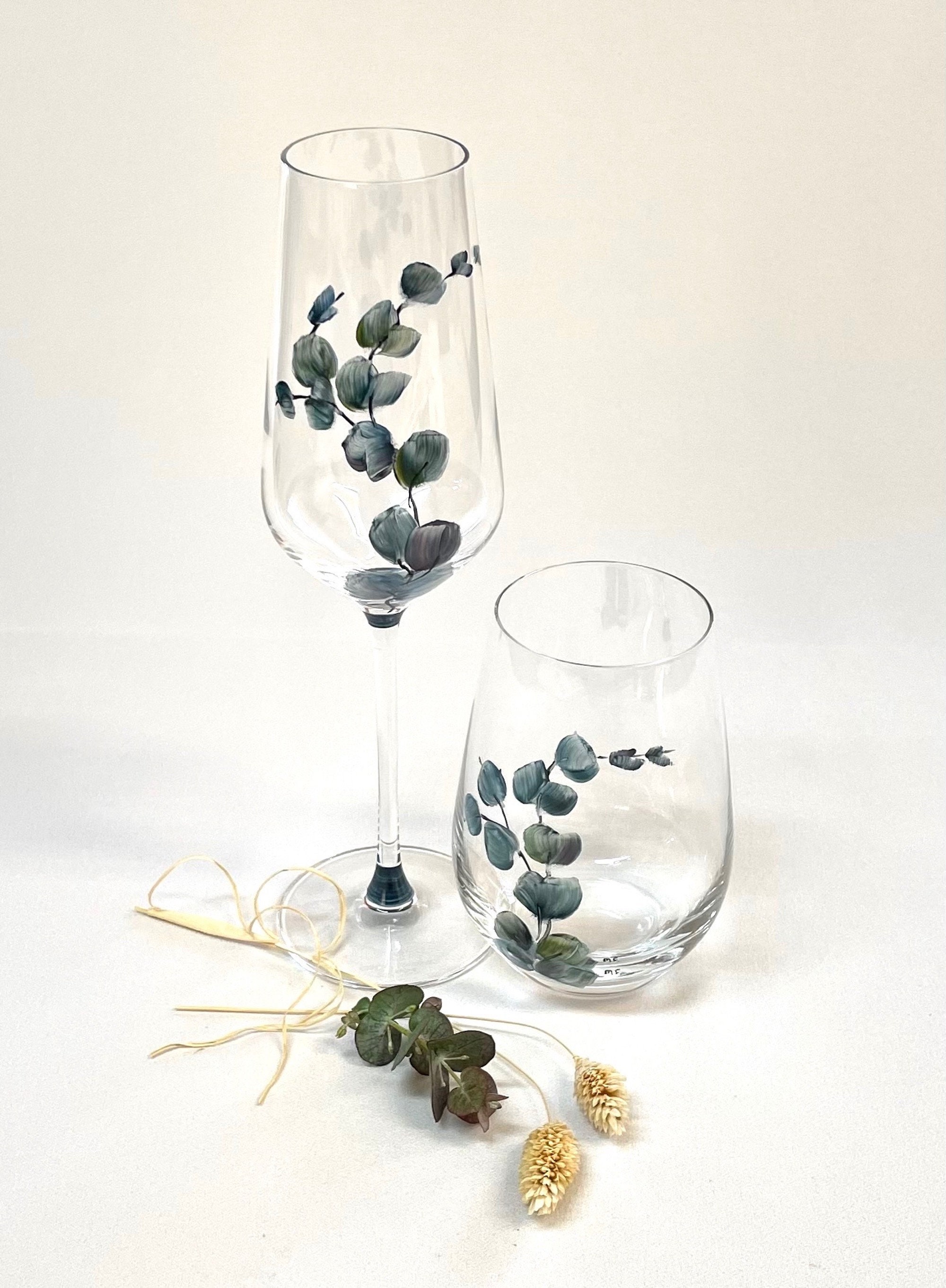 Duo de Flutes à Champagne et Duo Gobelets en Verres Peints La Main - Décor d'eucalyptus