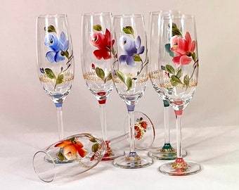 Set de deux flutes à champagne en verre cristallin  peintes à la main - décor de rose stylisée