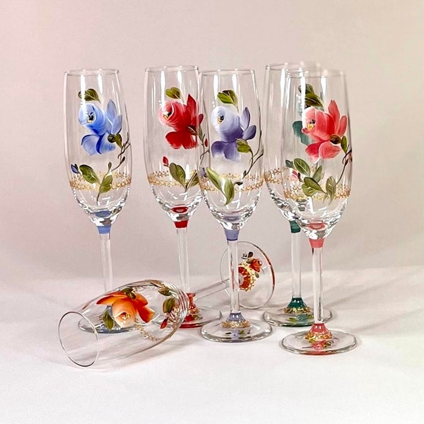 Set de deux flutes à champagne en verre cristallin  peintes à la main - décor de rose stylisée