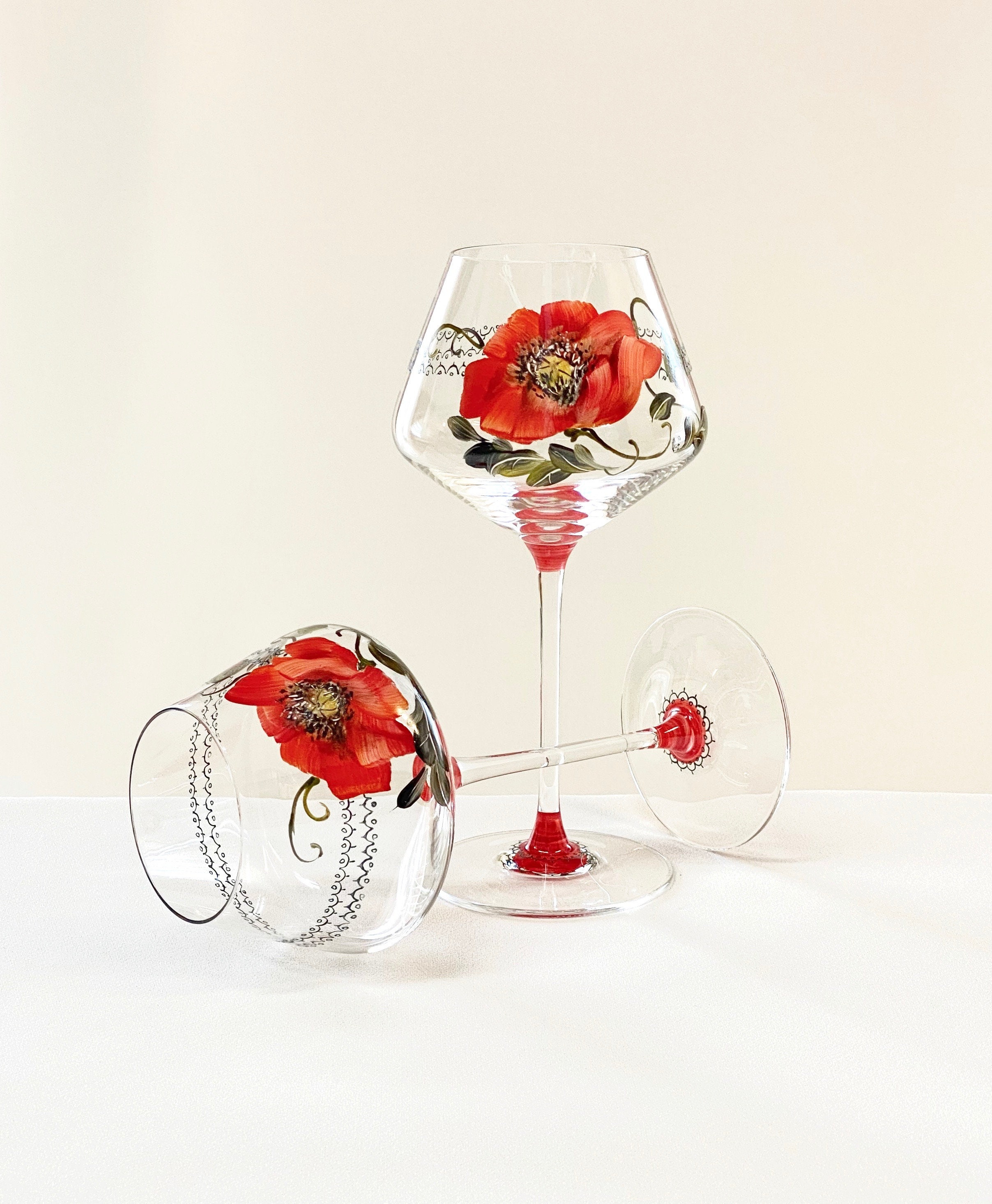 Duo de Verres à Vin Peints La Main - Décor Coquelicot Rouge