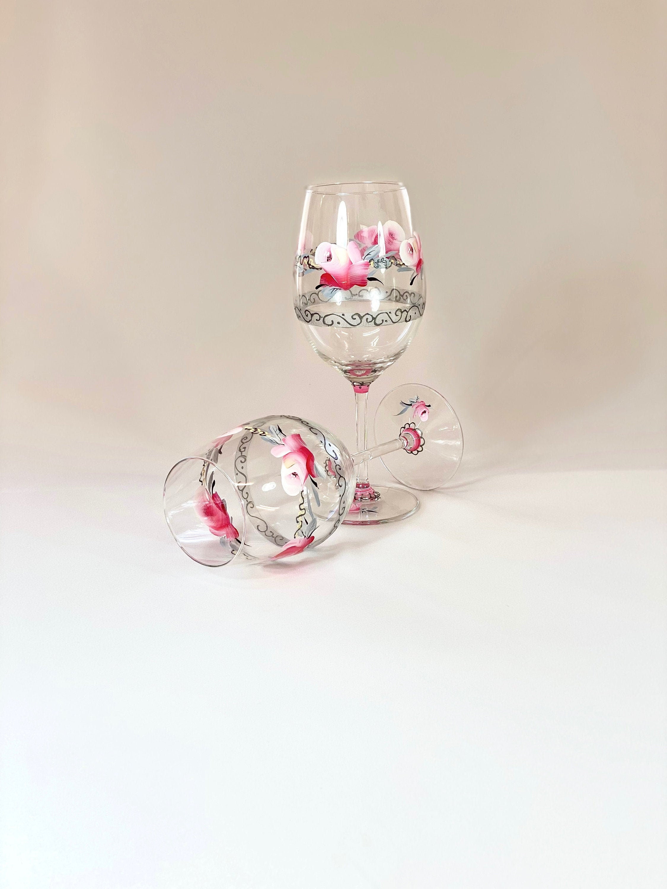 Duo de Verres à Vin Peints La Main - Décor Roses Stylisées