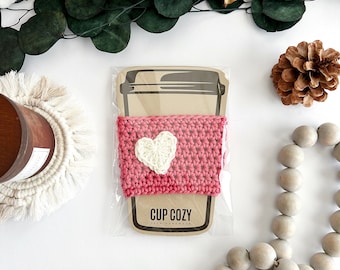 Crochet Coffee Cup Cozy with Heart, 100% Cotton Sleeve