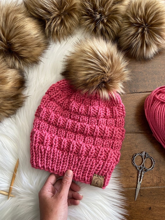 Super PINK Beanie Fur Pompom Hat Two Pom Poms Women Knit 