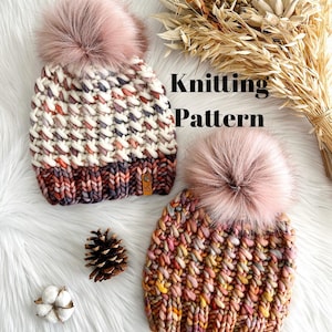 May include: Two knitted hats with faux fur pom poms. The hats are in a chunky knit stitch and feature a variety of colors, including pink, orange, yellow, and purple. The hats have a brown leather tag with the letters "HS" on them. The text "Knitting Pattern" is superimposed on the image.