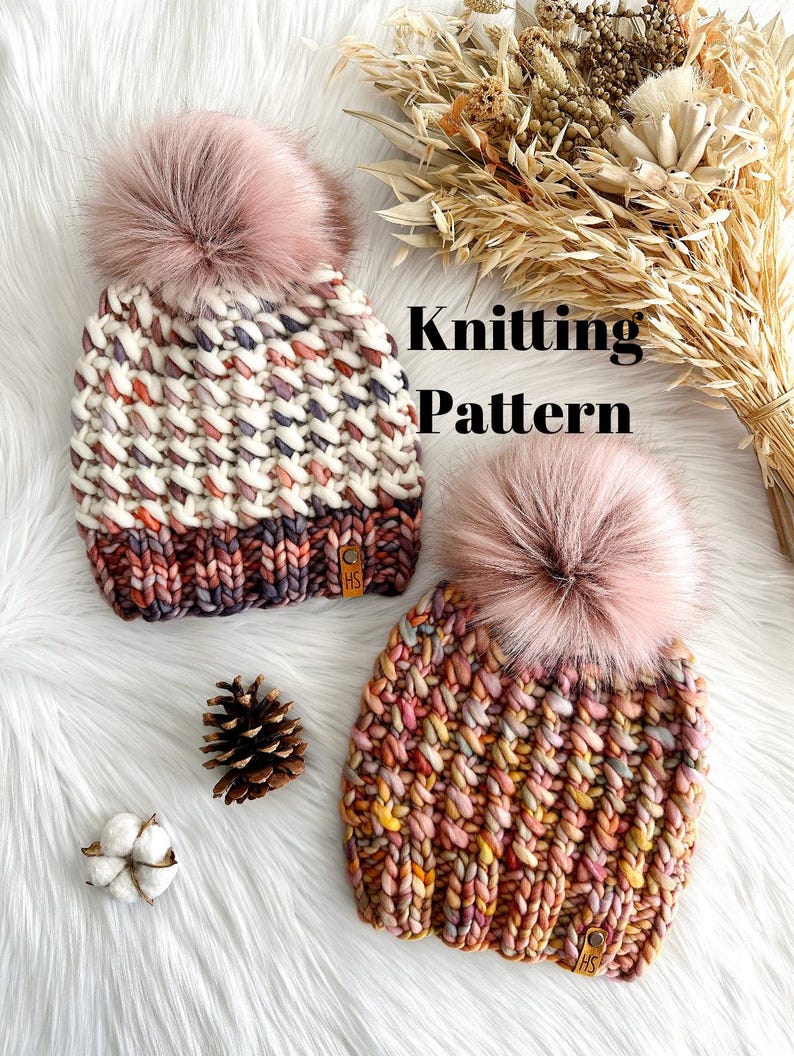 May include: Two knitted hats with faux fur pom poms. The hats are in a chunky knit stitch and feature a variety of colors, including pink, orange, yellow, and purple. The hats have a brown leather tag with the letters "HS" on them. The text "Knitting Pattern" is superimposed on the image.