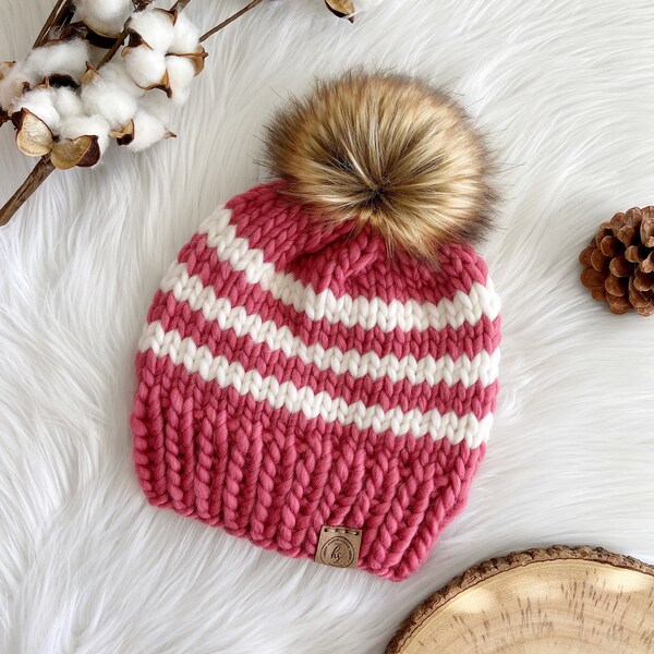 LUXURY LINE/ADULT Chunky Knit Fur PomPom Hat/Rose Pink & White Striped Beanie/Bulky Knitted Hat Women/Merino Wool Winter Hat/Fluffy Fur Poof