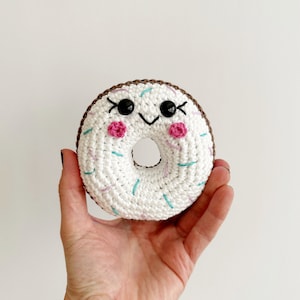 Crochet Happy Donut Softie Plushie/White Brown Stuffed Doughnut/Hand Crocheted/Amigurumi Kawaii Donut/Desk Shelf Donut Plushie/Birthday Gift