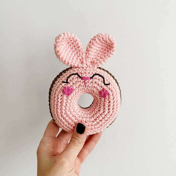 Crochet Donut Bunny Rabbit/Softie Plushie/Pink Brown Stuffed Bunny/Hand Crocheted/Amigurumi Kawaii Doughnut Rabbit/Desk Shelf Donut Plushie