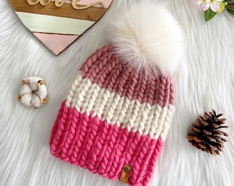 Luxury Wool Knit Beanie: Pink, Cream & Mauve Faux Fur Pompom