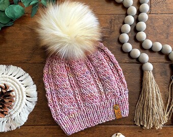 Hand Knit Merino Wool Beanie: Pink Fitted Hat with Faux Fur Pompom
