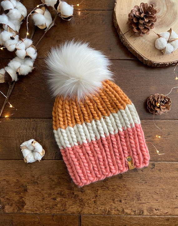 ADULT LUXURY WOOL Knit Faux Fur Pompom Hat/salmon Cream Orange Pompom  Beanie/women Knit Hat/warm Winter Hat/cream Fluffy Fur Ball/women Gift 