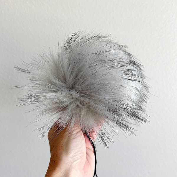 LUXURY SHADOW-Faux Fur Pompom for Knit Crochet Hats/Silver Gray Fake Fur Pom/Fluffy Fur Puff Ball for Beanie/X-Large Fur Pompom/Black Tips