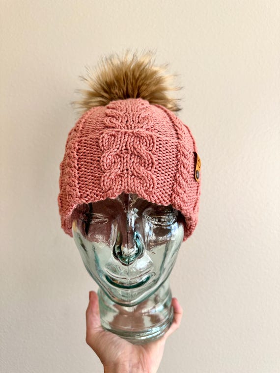 Adult Cable Knit Merino Wool Hat: Double Brim, Dusty Rose  display picture 1
