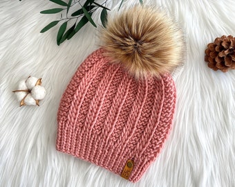 Hand Knit Merino Wool Beanie: Dusty Pink Hat with Faux Fur Pompom