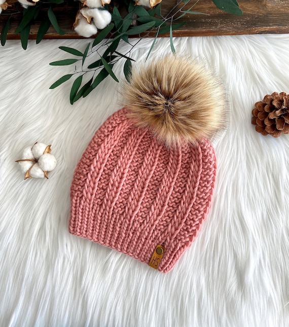 Hand Knit Merino Wool Beanie: Dusty Pink Hat With Faux Fur 