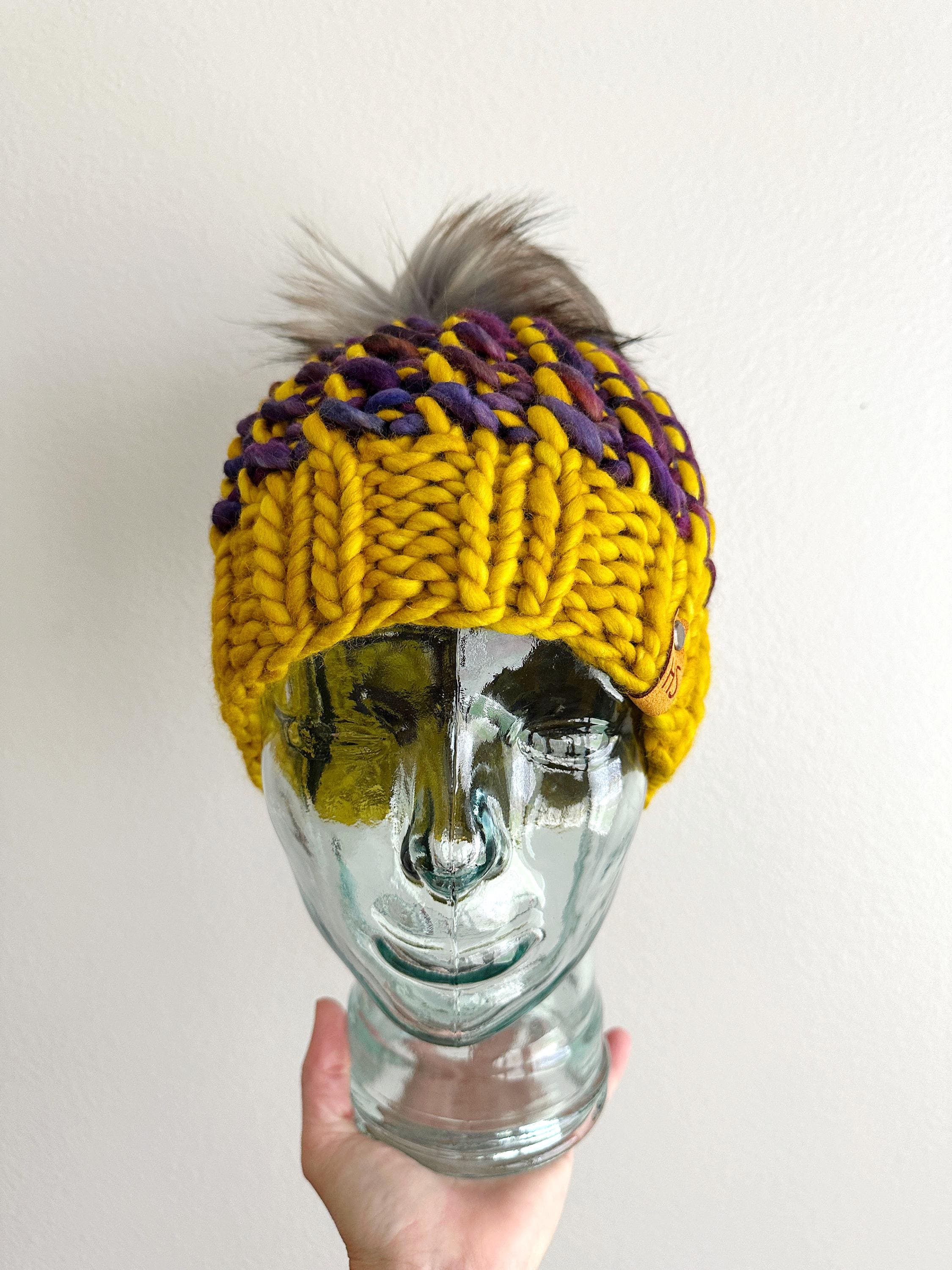Handmade Wool Cream Knit Beanie with Yellow & Purple Accent My Knits are Headed to Canada as I Type : r/knitting main image 2