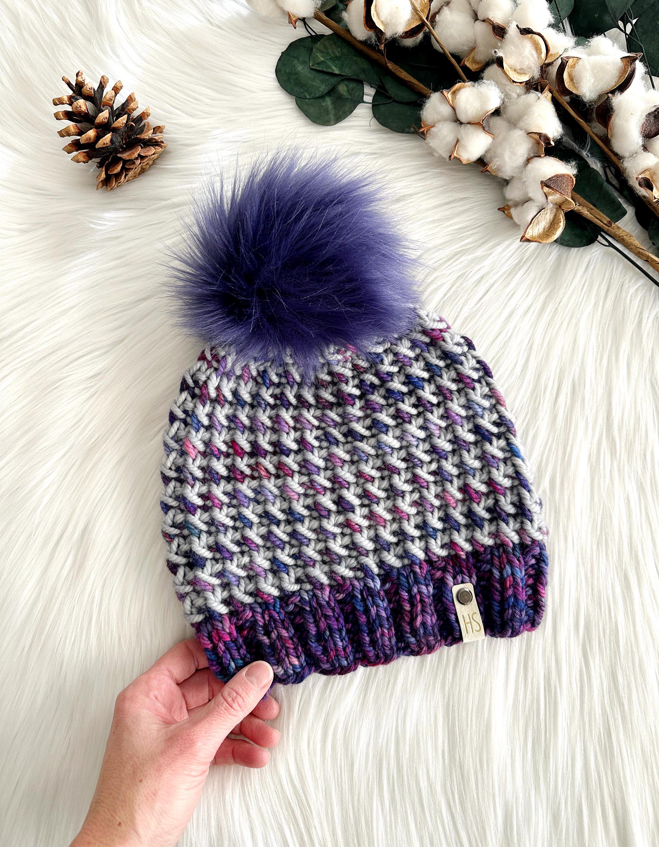 Hand knit purple/grey  variegated knit hat with faux fur pom Merino wool folded brim knit hat with faux fur Pom  main image 3