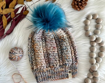 LUXURY LINE/ADULT Hand Knit Fur Pompom Hat/Light Weight Blue Beanie/Fitted Women's Knit Hat/Merino Wool/Spring Fall Hat/Fluffy Fur Pom Ball