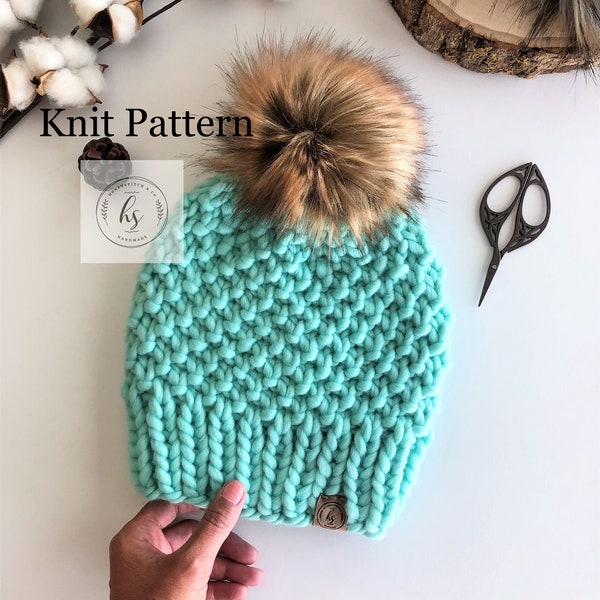 THE MADISON BEANIE-Knit Pattern/Chunky Knit Hat Pattern/Beanie Pattern/Instant Download/Easy Knitting Pattern/Pom Pom Hat/Adult Winter Hat