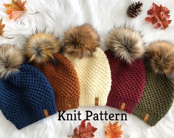 THE UINTA BEANIE-Knit Pattern/Bulky (5) Knit Hat Pattern/Beanie Pattern/Instant Download/Hand Knitted Pattern/Adult Pom Pom Fall Winter Hat