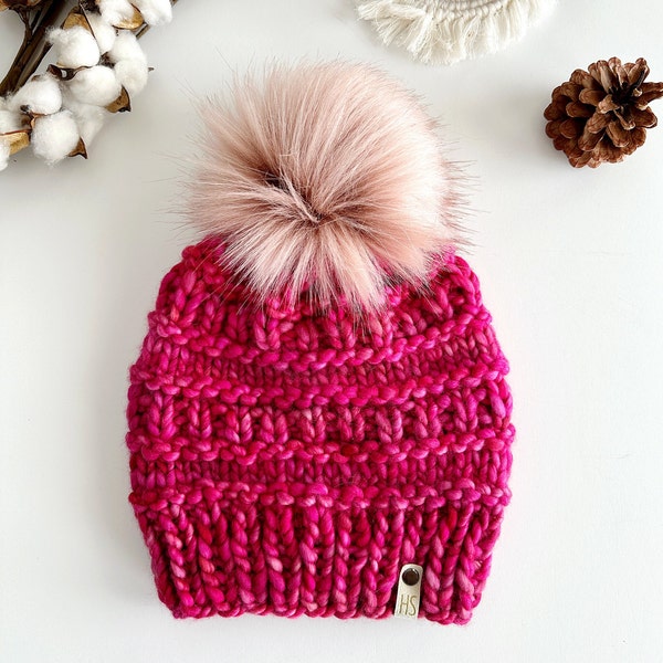 ADULT LUXURY Merino Wool Knit Faux Fur Pompom Hat/Bright Pink Magenta Fuchsia Knit Beanie/Super Bulky Winter Hat/Fluffy Fur Ball/Women Gift