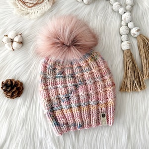 LUXURY Line-ADULT/TEEN Hand Knit Fur Pompom Hat/Lighter Weight Pink Pastel Beanie/Wool Women Knit Hat/Spring Fall Hat/X-Large Fur Pom Ball