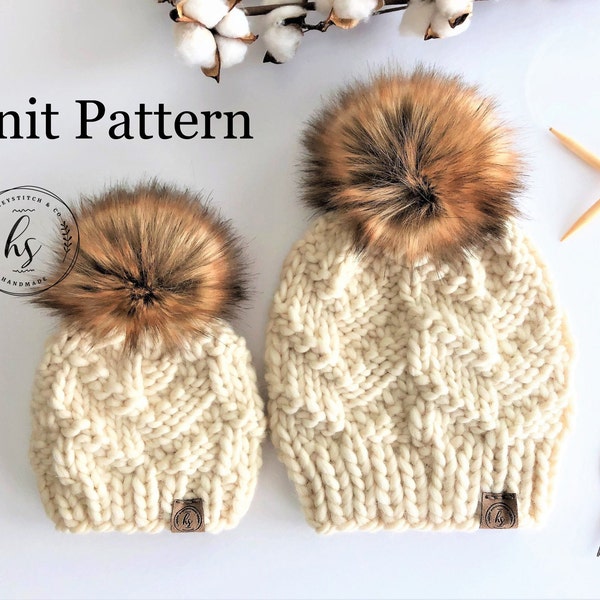 THE GIBBON BEANIE-Knit Pattern/Chunky Knit Hat Pattern/Beanie Pattern/Instant Download/2 Sizes-Adult & Baby (0-6 mo)/Pom Pom Hats/Winter Hat