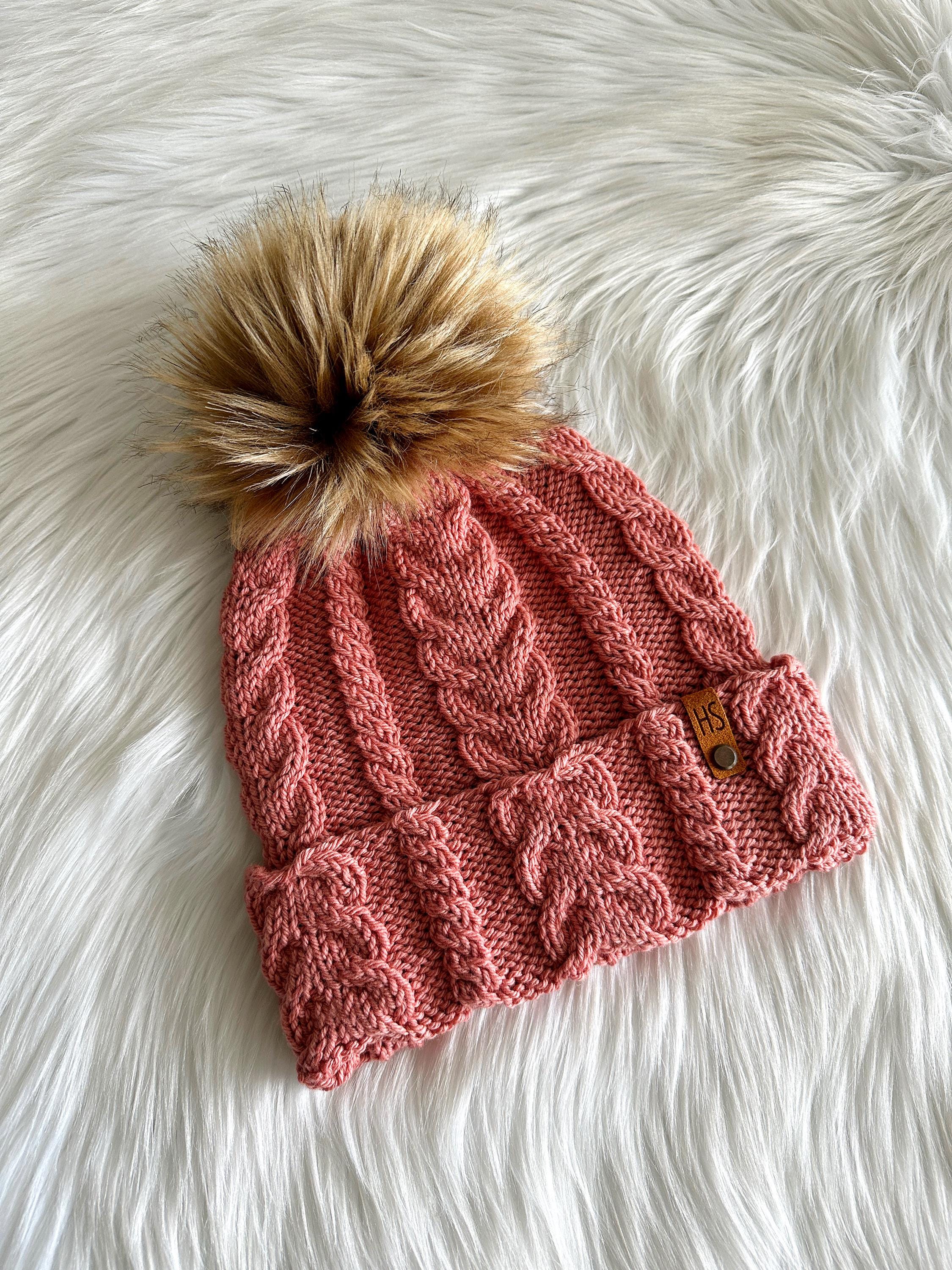 WOOL Blend Cable Knit Pom Dusty Rose and Cream Beanie Hat A couple new pom colors have been added to the shop! Meet  main image 4