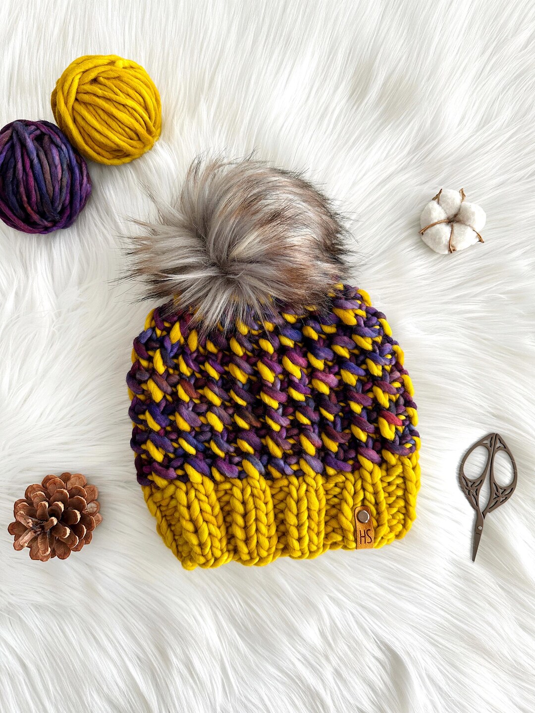 Handmade Wool Cream Knit Beanie with Yellow & Purple Accent LSU Tigers Nike Beanie Mike Peak Legacy Cuff Knit Beanie  main image 3