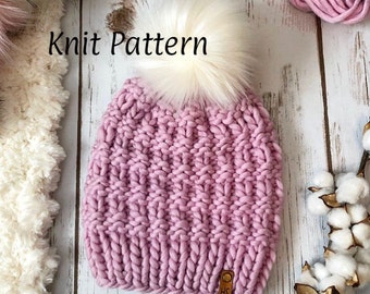 THE DANIELLE BEANIE-Knit Pattern/Chunky Knit Hat Pattern/Beanie Pattern/Instant Download/2 Sizes-Adult & Toddler/Pom Pom Hats/Winter Hats