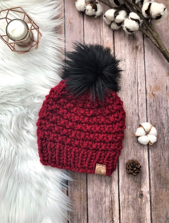 fur pom etsy pom Knit Pom Black Fur Faux Pom Chunky Hat/Red & Adult Fur Pom