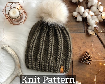 THE TIBBLE FORK Beanie-Knit Pattern/Super Bulky Yarn Beanie Pattern/Instant Download/Easy Beginner Knitting Pattern/Pompom Hat/Adult Size