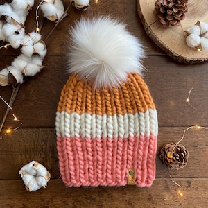 ADULT LUXURY WOOL Knit Faux Fur Pompom Hat/Salmon Cream Orange Pompom Beanie/Women Knit Hat/Warm Winter Hat/Cream Fluffy Fur Ball/Women Gift